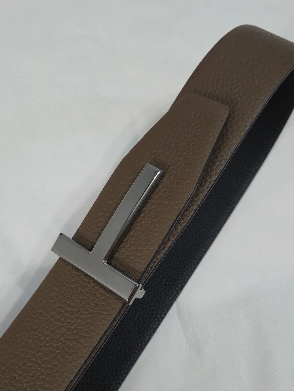Tom Ford Black & Brown Leather Belt Dark T Buckle Accent